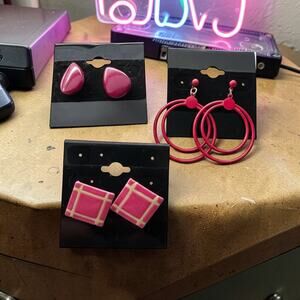 Vintage 80s Hot Pink Earring Lot Set of 3 | Teardrop Studs Double Hoop Dangles